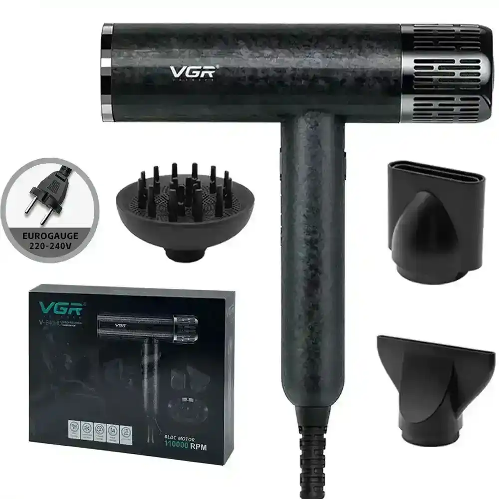 في جي أر V-640HD مجفف شعر من سلسلة الحلاقة الاحترافية بقوة 1900 وات - أسود