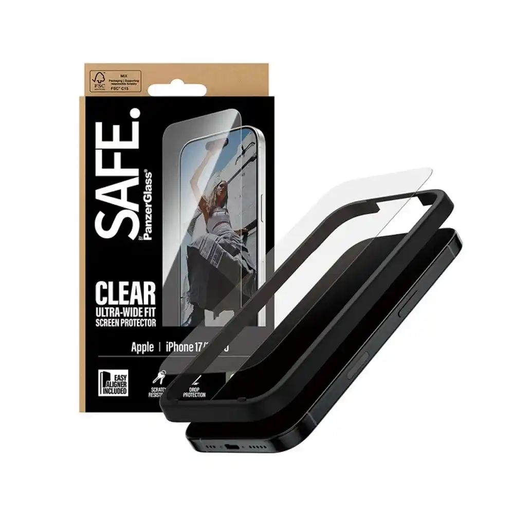 بانزر جلاس® واقي شاشة SAFE لهاتف آيفون 17 برو / 16 زاوية واسعة مع تقنية إيزي ألينر - شفاف