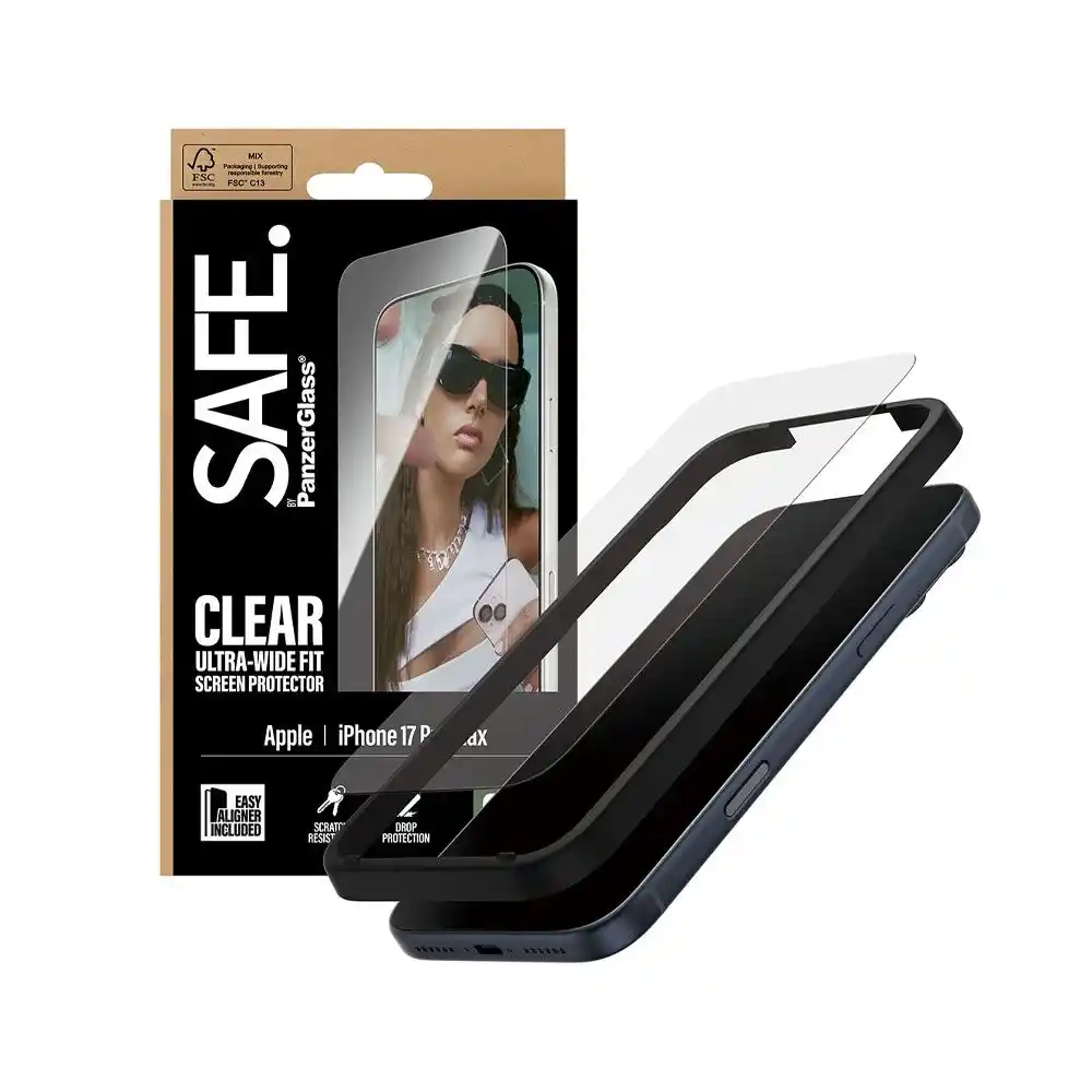 بانزر جلاس® واقي شاشة SAFE لهاتف آيفون 17 برو ماكس زاوية واسعة مع تقنية إيزي ألينر