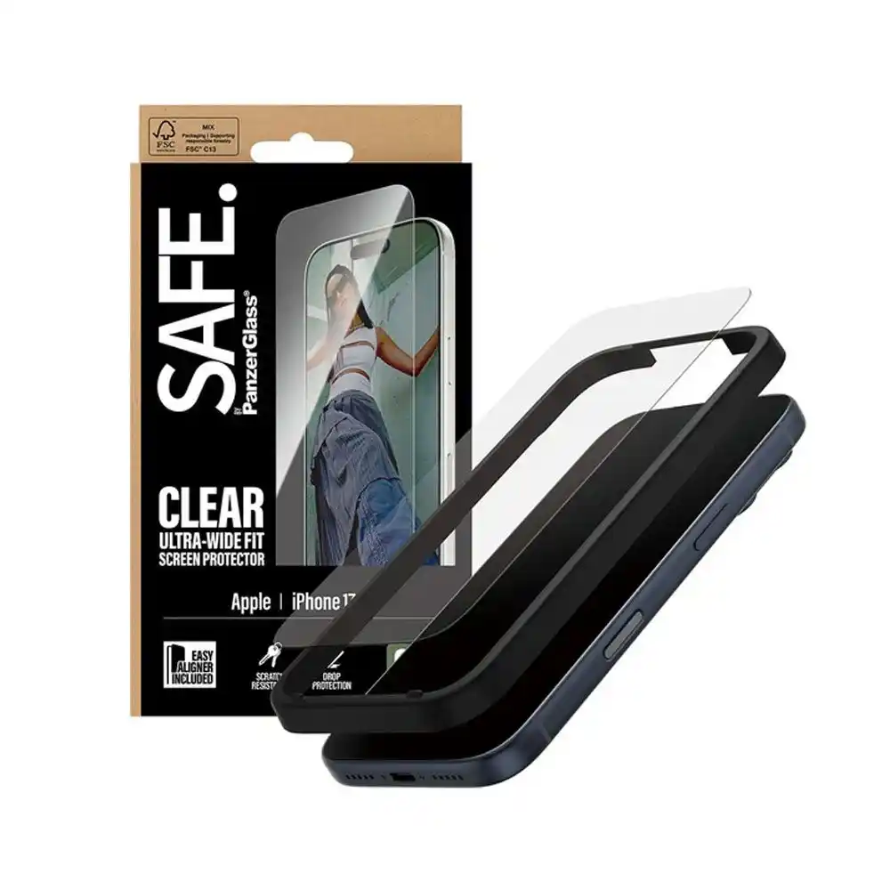 بانزر جلاس® واقي شاشة SAFE لهاتف آيفون 17 برو زاوية واسعة مع تقنية إيزي ألينر - شفاف
