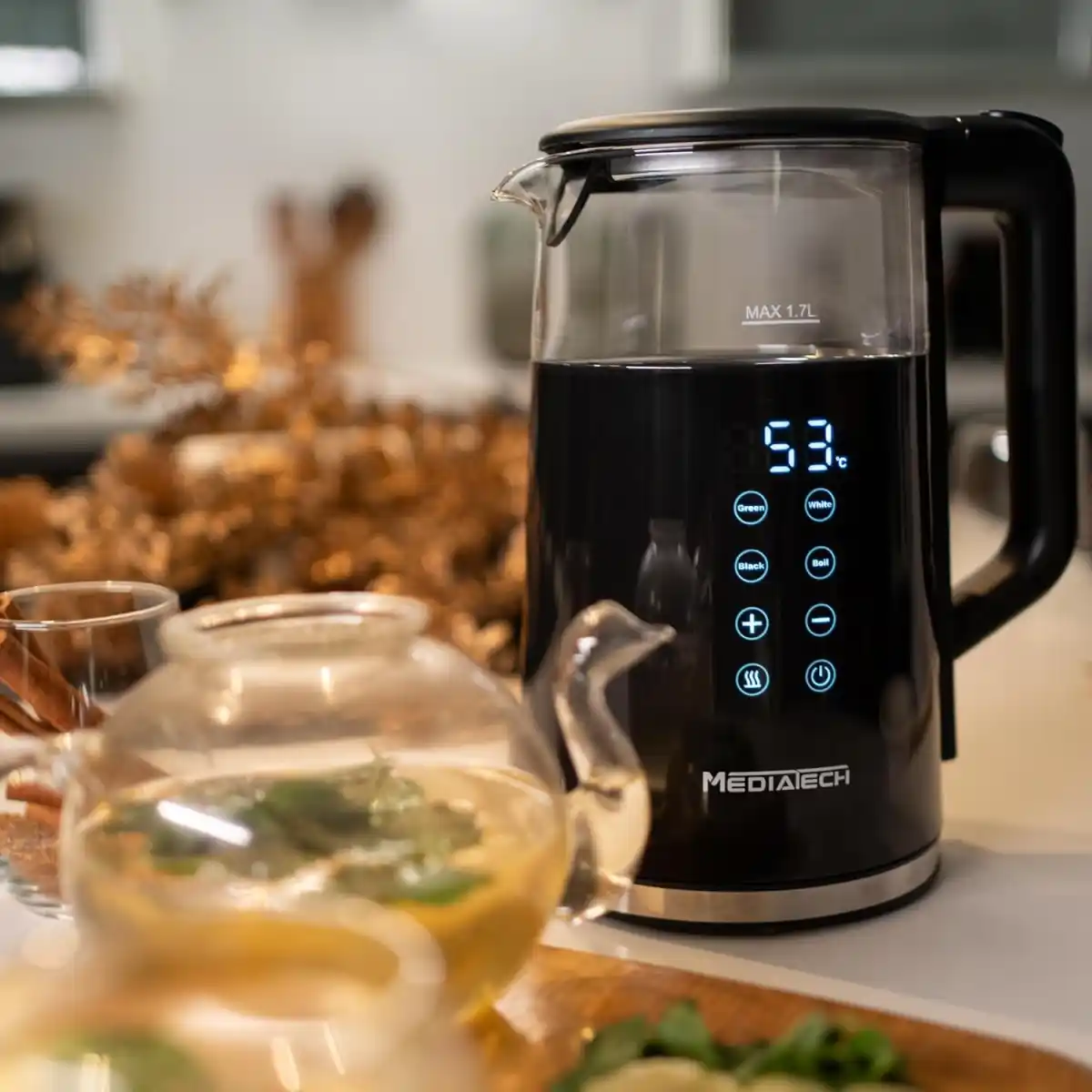 غلاية مياه كهربائية ميديا تك بيركس، 1.7 لتر، 1850 وات، ديجيتال، MT-KDP005 - أسود مع كنكة قهوة ميديا تك، 600 وات، MT-CM10 - أبيض هدية