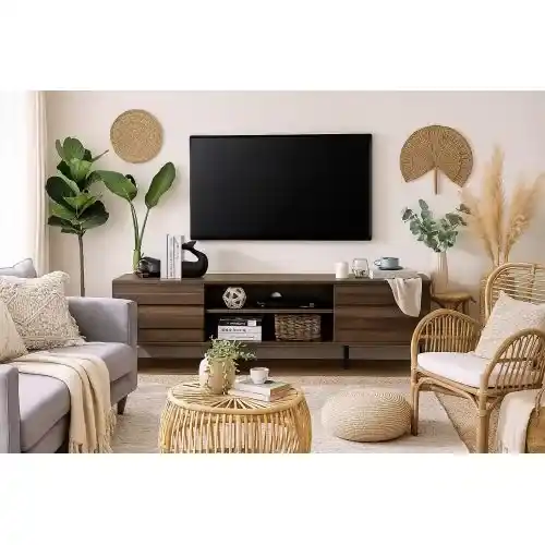 TV-STAND-180-2 وود آند مور ترابيزة 180 سم 2 دلفة + رف ستيل حرف A