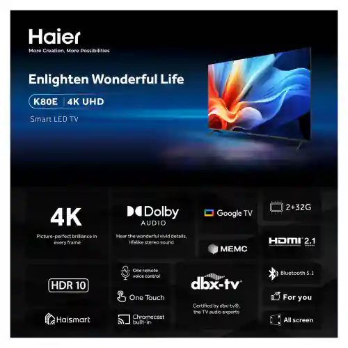 تليفزيون هاير 55 بوصة 4K فائق الدقة سمارت - H55K80EU