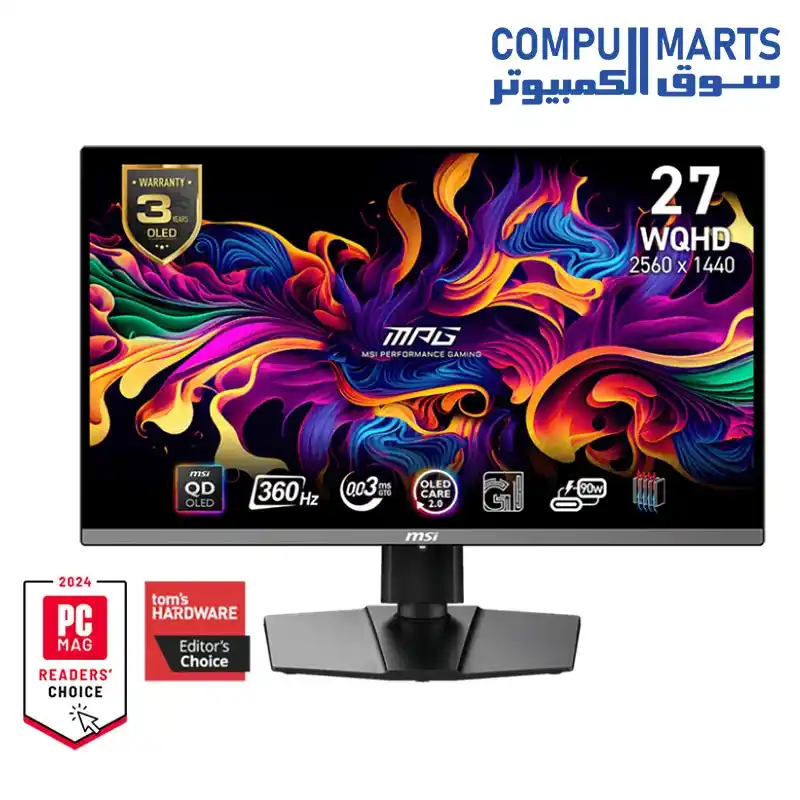 MSI MPG 271QRX QD-OLED 27 OLED Gaming Monitor 2560 1440 (QHD) OLED 0.03ms Response time 360Hz True Black HDR 400 HDMI DP Port USB Type C