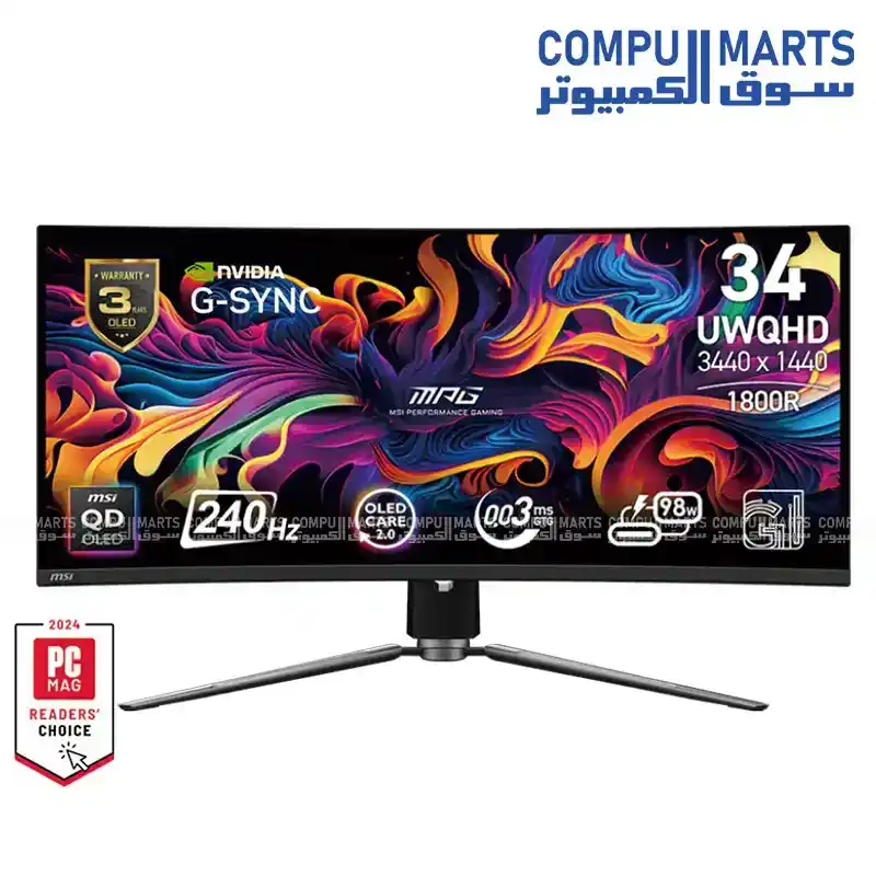 MSI MPG 341CQPX QD-OLED 34.18 Inch UWQHD Curved Gaming Monitor 240Hz 0.03ms DisplayHDR True Black 400 USB-C 98W PD G-Sync Compatible