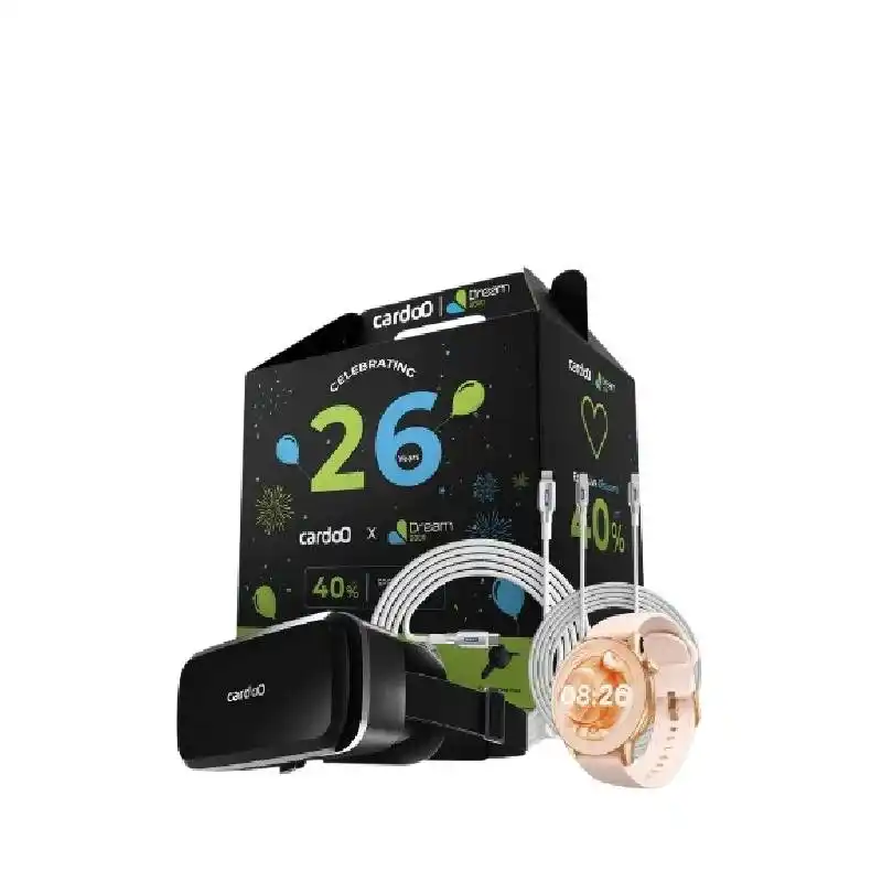 cardoO Box 4 باندل ( نظارة VR + كابل USB-C إلى Lightning بقدرة 27 وات + كابل USB-C إلى USB-C بقدرة 100 وات + ساعة cardoO Watch X Orbit CGLWXO03 – ذهبي)