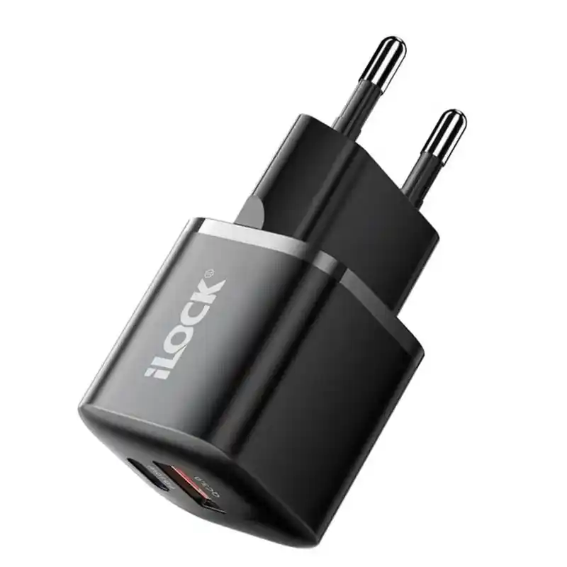 شاحن حائط أي لوك بمنفذ تايب سي PD + منفذ يو اس بي QC3.0 بقوة 30 وات شحن سريع - أسود