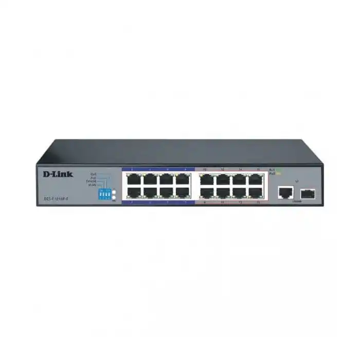 سويتش D-Link Unmanaged DES-F1016P-E ب 16منفذ إيثرنت سريع PoE بـ16 منفذ PoE+ سعة تحويل 3.2 جيجابت/ثانية مكتبي