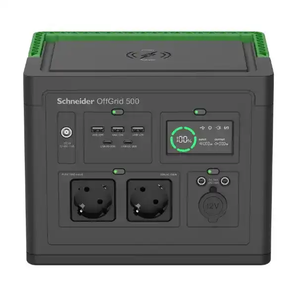 شنايدر اوف غريد PPS500-GR مصدر كهرباء محمول 500، 230 فولت، 517 واط/ساعة، بطارية ليثيوم أيون، شاشة LCD، منفذان CEE 7/3 Schuko، موجة جيبية، 3 منافذ USB-A، منفذان USB-C، شاحن لاسلكي