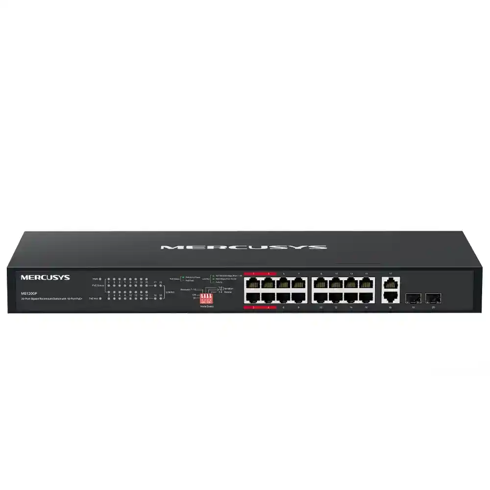 سويتش ميركوسيس 16 منفذ 1000/100/10 ميجابت في الثانية PoE+ + منفذين (RJ45) 1000/100/10 ميجابت في الثانية + منفذين (SFP) 1000/100/10 ميجابت في الثانية 192 وات MS120GP Unmanaged Rackmount