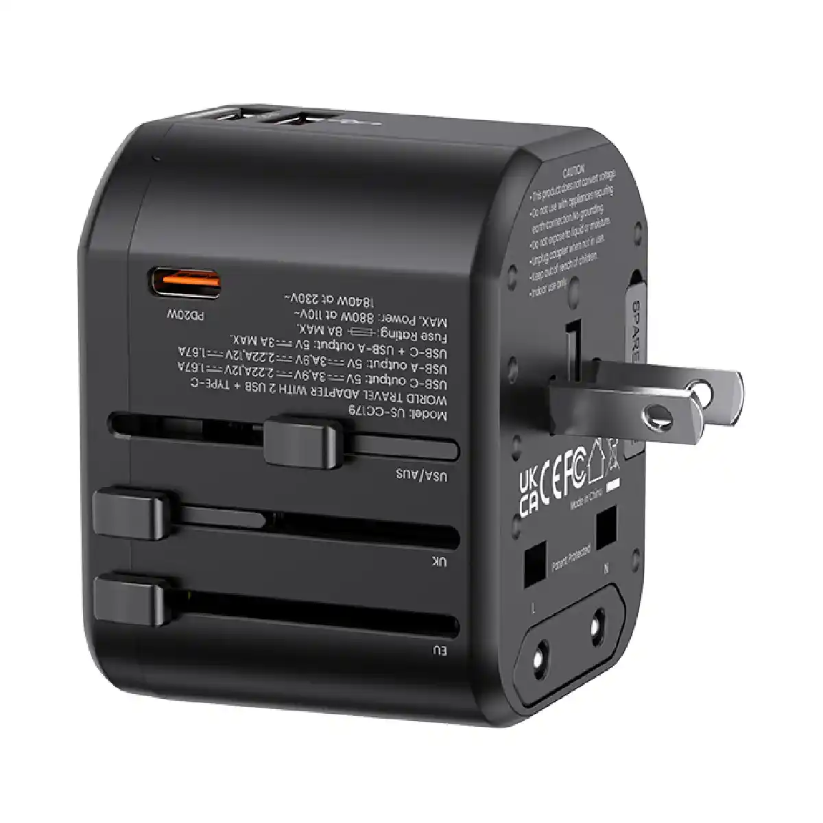 يوسمس شاحن سفر يونيفرسال T59 بقوة 20 واط ومنافذ USB مزدوجة ومنفذ Type-C (أمريكي/أسترالي/بريطاني/أوروبي)