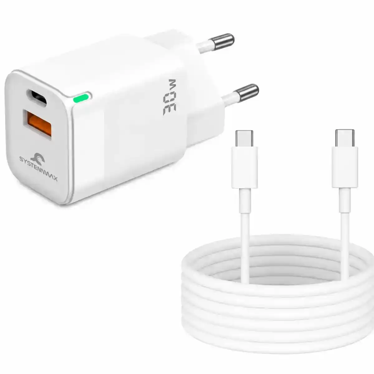 شاحن سيستم ماكس SM-30ACX صغير PD 30W USB-C -USB-A GAN مع كابل - أبيض