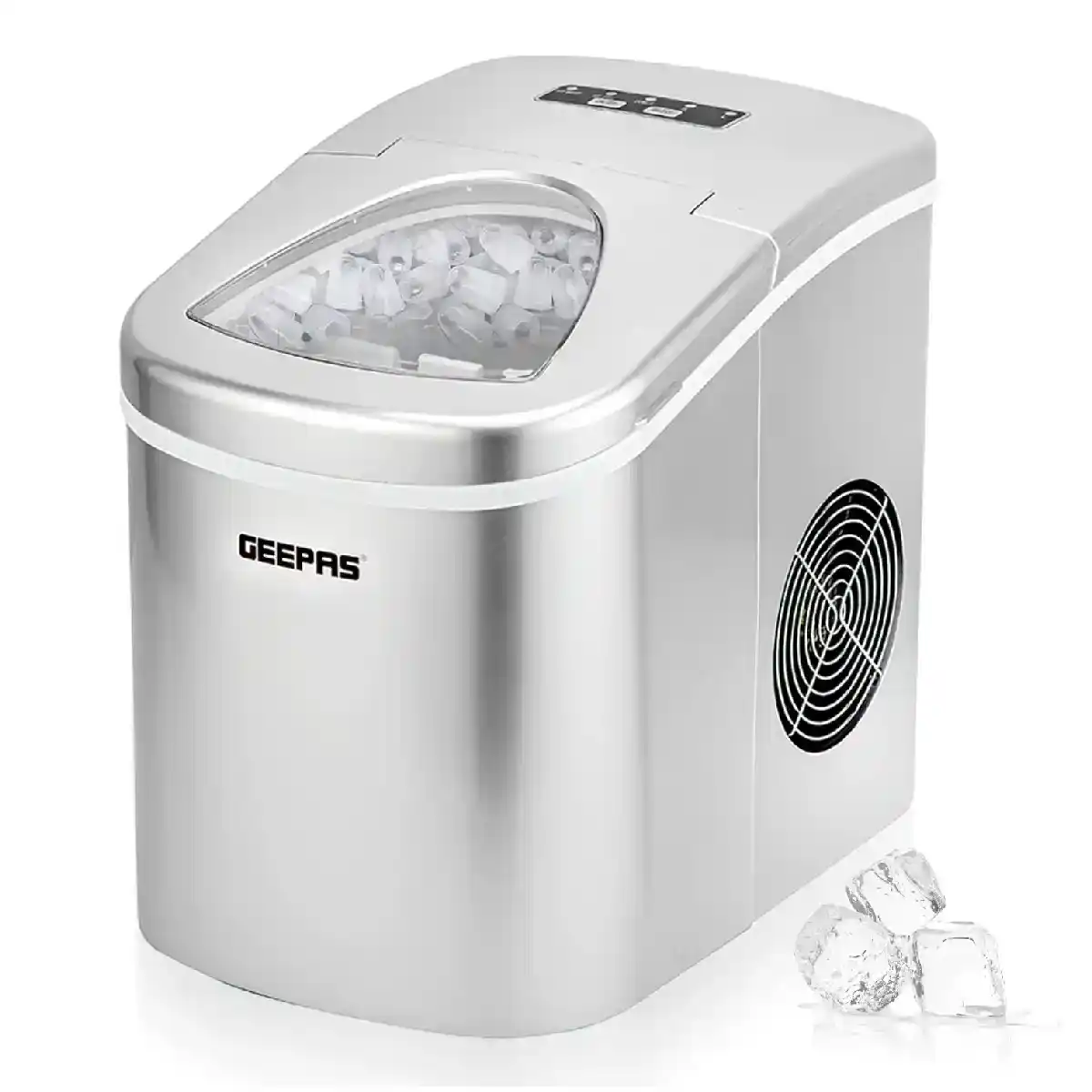 Geepas GIM63015Uk Ice Cube Maker, Ice Container 700g, Water Container 2.2L, Two Sizes 12kg Ice in 24 Hours - Silver