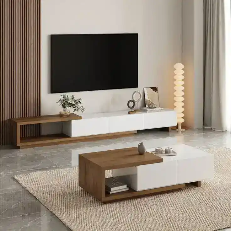 طقم ترابيزة وسط و تلفاز خشب ام دي اف، 200×35×38 سم - ابيض بنى