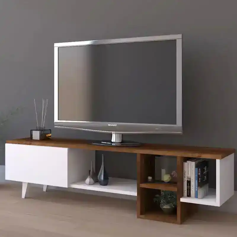 ترابيزة تلفاز خشب ام دي اف، 50x150x30 سم - أبيض بني