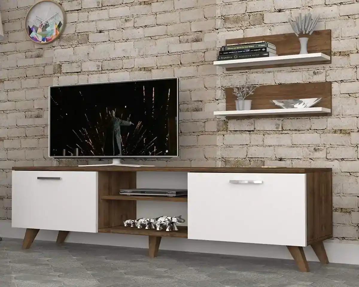 ترابيزة تلفزيون خشب ام دى اف، 120×50×30 سم -  ابيض بنى